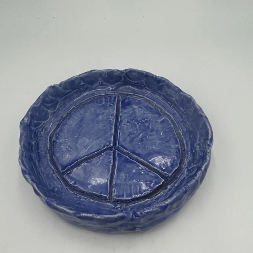 Blue Ceramic Trinket dish with Peace Symbol Theme, Round Collectible One-Piece